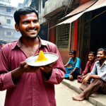 **Prompt:** A bustling street scene in Old Dhaka, Bangladesh. A charismatic street magician, with a warm smile and expressive eyes, is directly engaging with a small, captivated crowd of passersby. He holds a simple prop. The crowd is diverse, including children and adults, all looking at him with wonder. Subtle details include traditional Bangladeshi architecture in the background and a few rickshaws passing by. The overall mood is joyful and interactive, capturing the immediate, personal connection of traditional street performance.