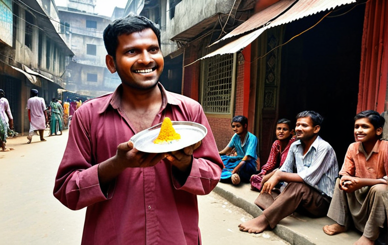 **Prompt:** A bustling street scene in Old Dhaka, Bangladesh. A charismatic street magician, with a warm smile and expressive eyes, is directly engaging with a small, captivated crowd of passersby. He holds a simple prop. The crowd is diverse, including children and adults, all looking at him with wonder. Subtle details include traditional Bangladeshi architecture in the background and a few rickshaws passing by. The overall mood is joyful and interactive, capturing the immediate, personal connection of traditional street performance.