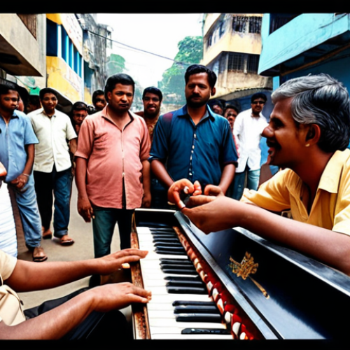 Home 8 ** A vibrant street scene in Bangladesh, featuring a musician playing a harmonium surrounded by attentive listeners. Capture the essence of " পথের সুর, প্রাণের কথা" (the soul of life in street music), with a focus on the connection between the artist and the audience. Include details suggesting both joy and hardship.
**