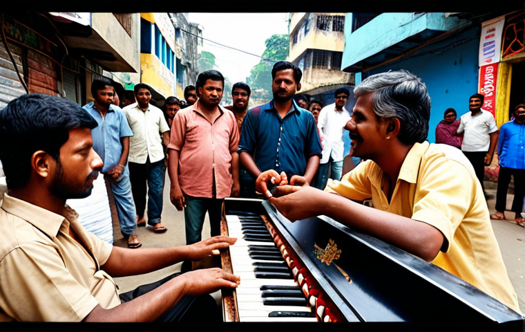 ** A vibrant street scene in Bangladesh, featuring a musician playing a harmonium surrounded by attentive listeners. Capture the essence of " পথের সুর, প্রাণের কথা" (the soul of life in street music), with a focus on the connection between the artist and the audience. Include details suggesting both joy and hardship.
**